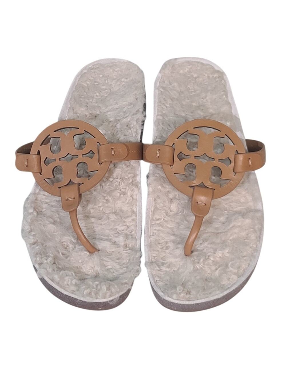 Tory Burch Miller Leather Thong Sandals Shearling Footbed Tan Womens 9.5